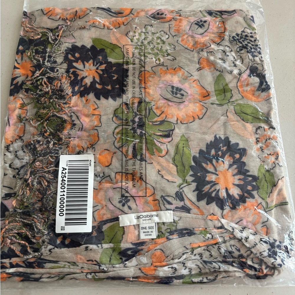 Liz Claiborne Floral Scarf in Orange and Green.  Khaki